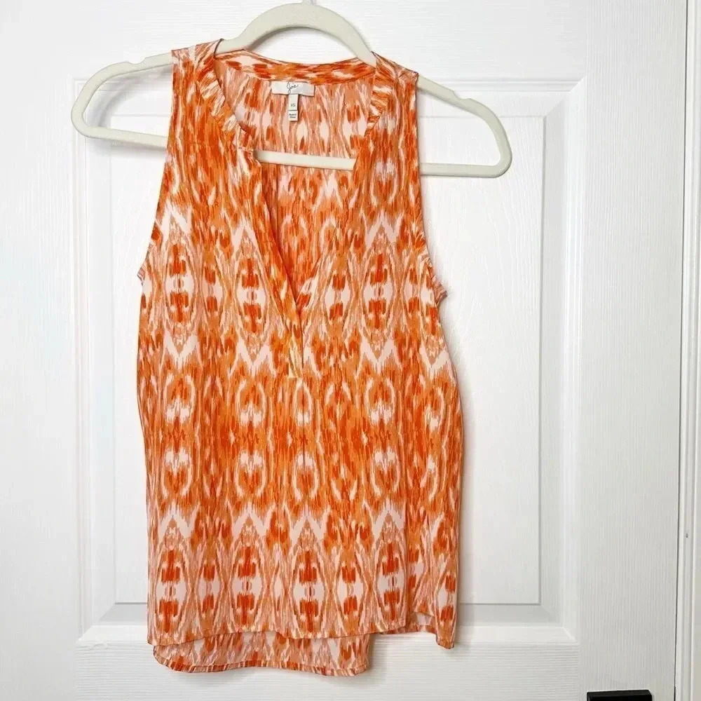 JOIE Ikat 100% Silk Orange White Sleeveless V-Neck Top Size XS